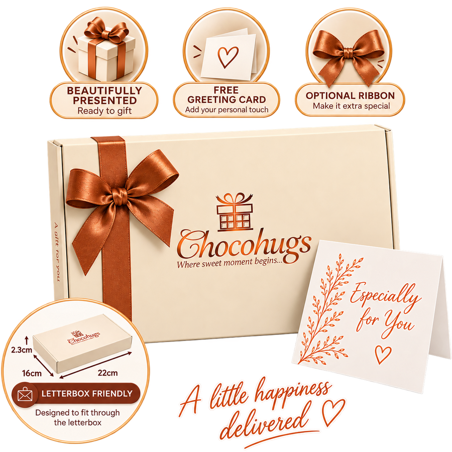 “Chocohugs letterbox-friendly chocolate gift box with optional copper ribbon and free greeting card.”