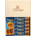 A boxed chocolate gift set from Terry's called Chocolugs, featuring an open cream-colored lid with the brand logo and five milk chocolate orange bars arranged in the base.